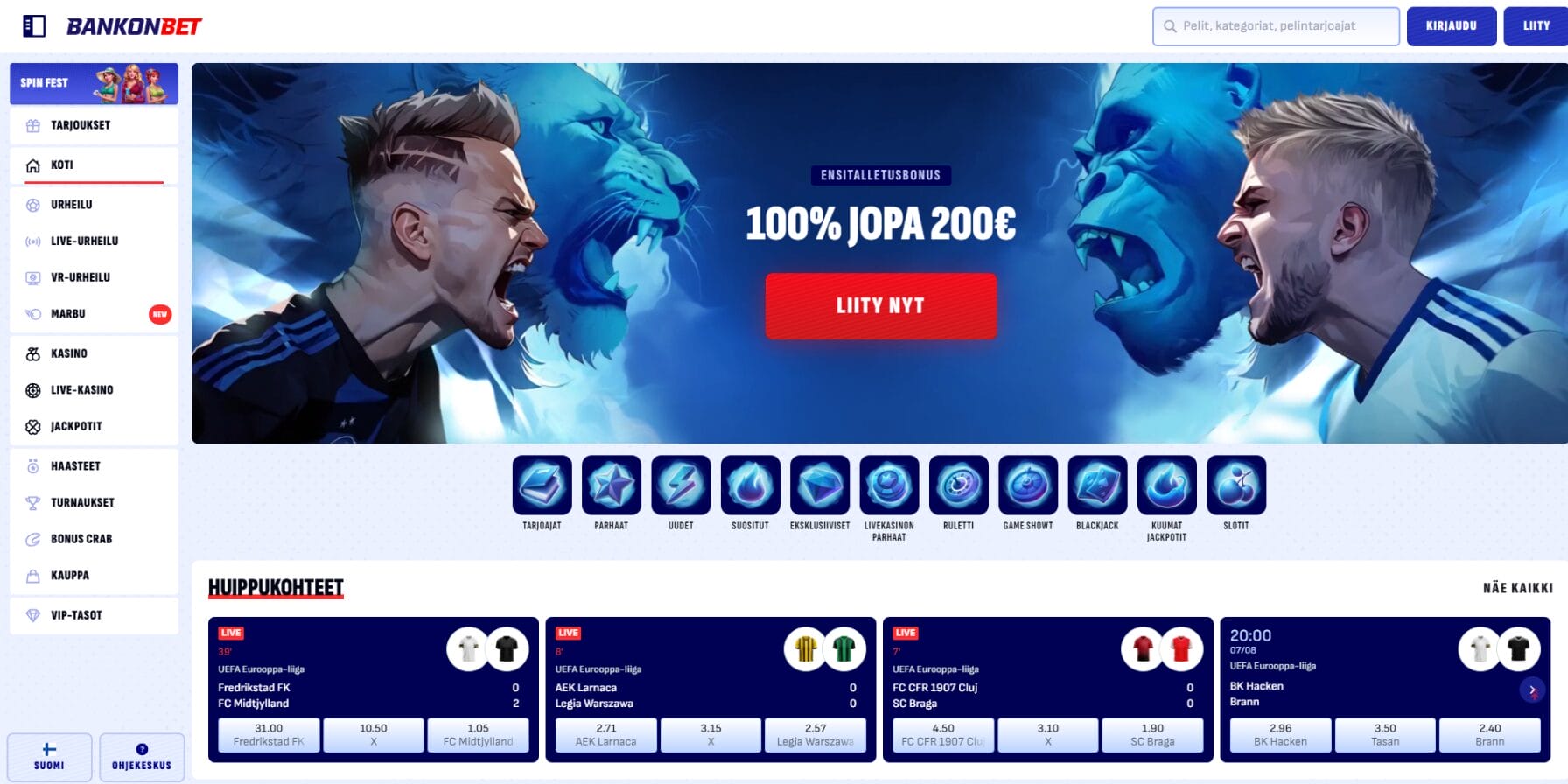 Bankonbet casinon ulkoasu