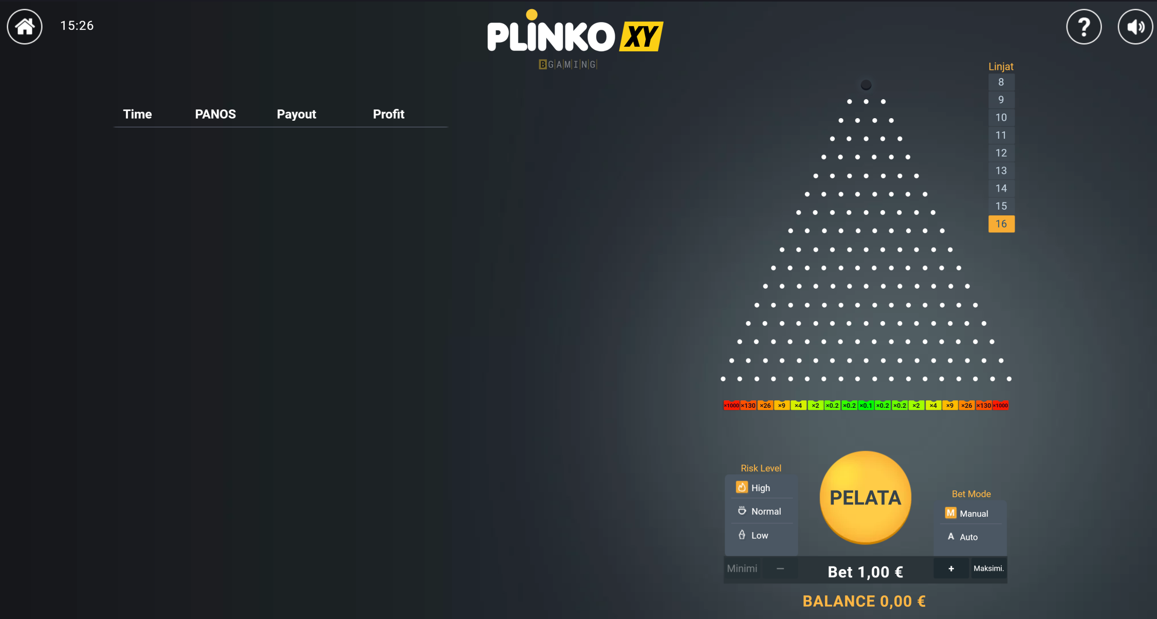 Bgaming Plinkon ulkoasu