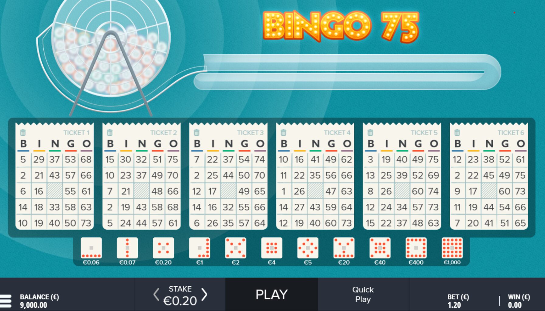 Bingo 75 G.Games Bingo 75 pelin aloitusruutu