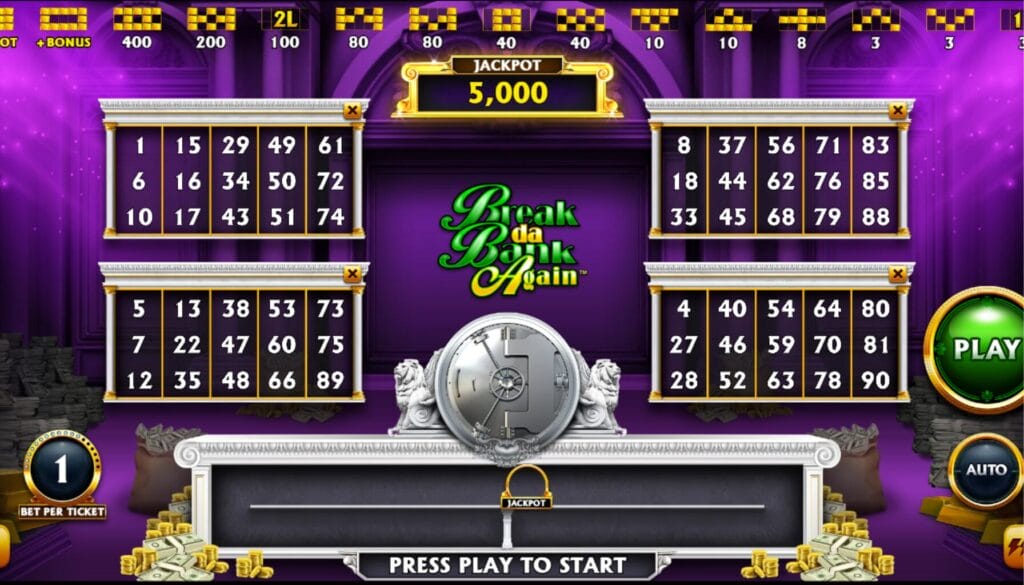 Break da Bank again video bingo: jännittävä video bingo Neko Gamesilta Break da Bank Again video bingon aloitusruutu