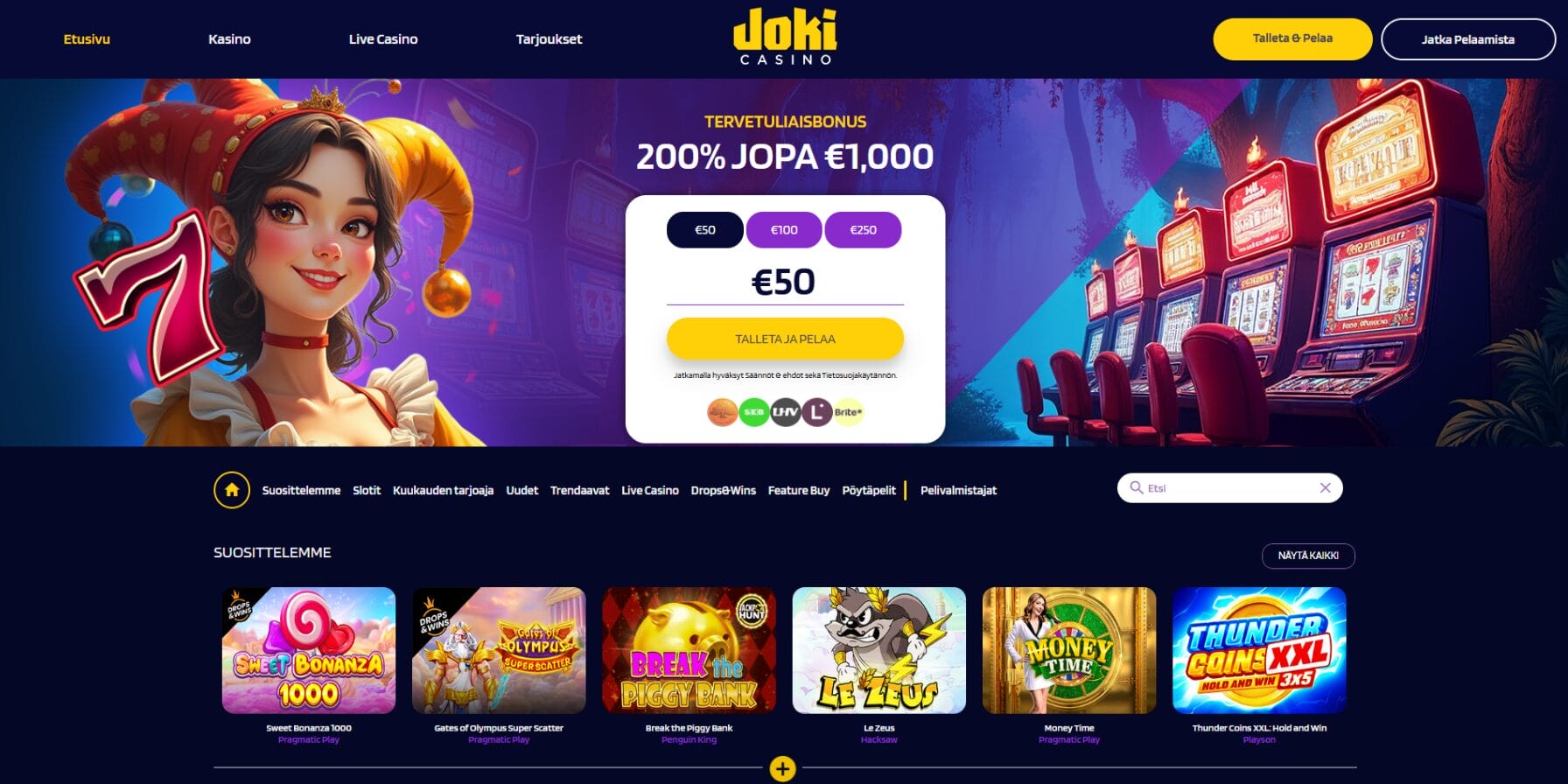 Jokicasinon ulkoasu: Etusivun näkymä Jokicasinon ulkoasu