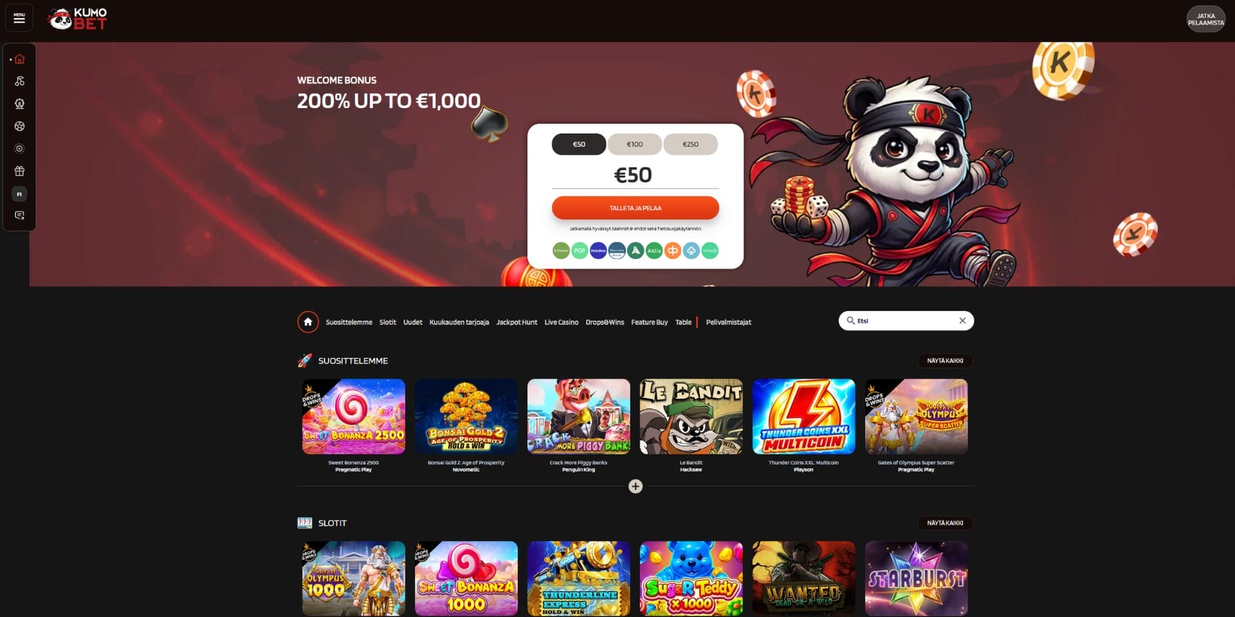 Kumobet Casinon ulkoasu