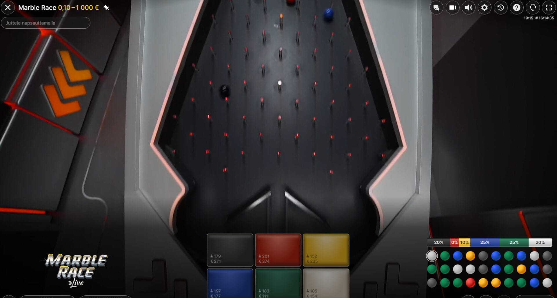 Marble Race pelikierroksen lopussa olevat tapit