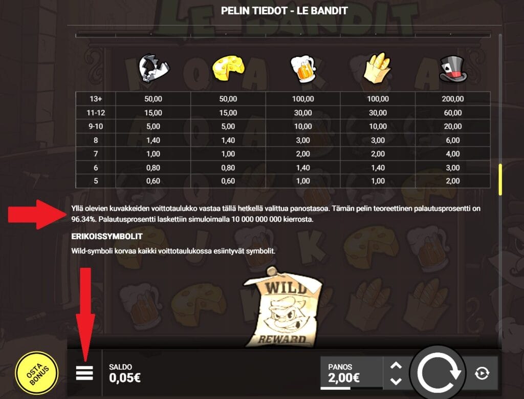 Palautusprosentin tarkistaminen Hacksaw Gaming peleissä Esimerkki palautusprosentin tarkistamisesta Hacksaw Gaming pelissä