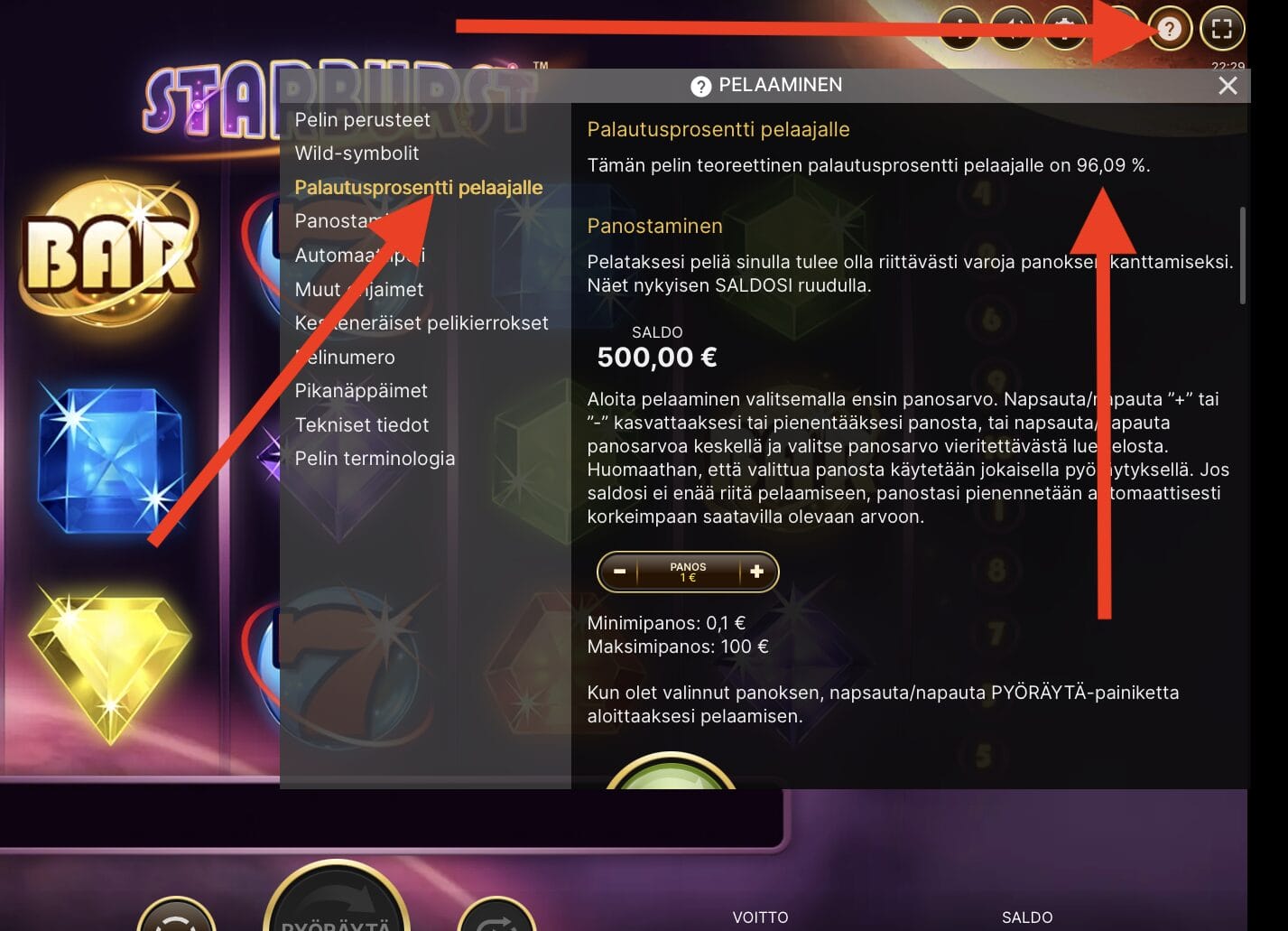 Ohjeistus palautusprosentin tarkastamisesta NetEntin peleiss&auml;