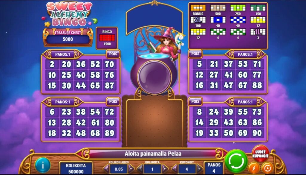 Sweet Alchemy Bingo: Play'n GO:n suosittu video bingo Sweet Alchemy Bingon aloitusruutu
